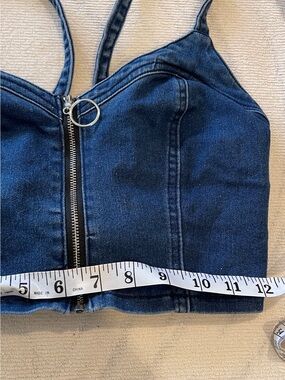 Denim Zip-Front Crop Tank Top - Dark Blue